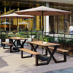 Outdoor Bench Table, Rectangular Porch Bench with Black Frame, Picnic Table Benchs Set for Garden, Lawn, Yard(White)