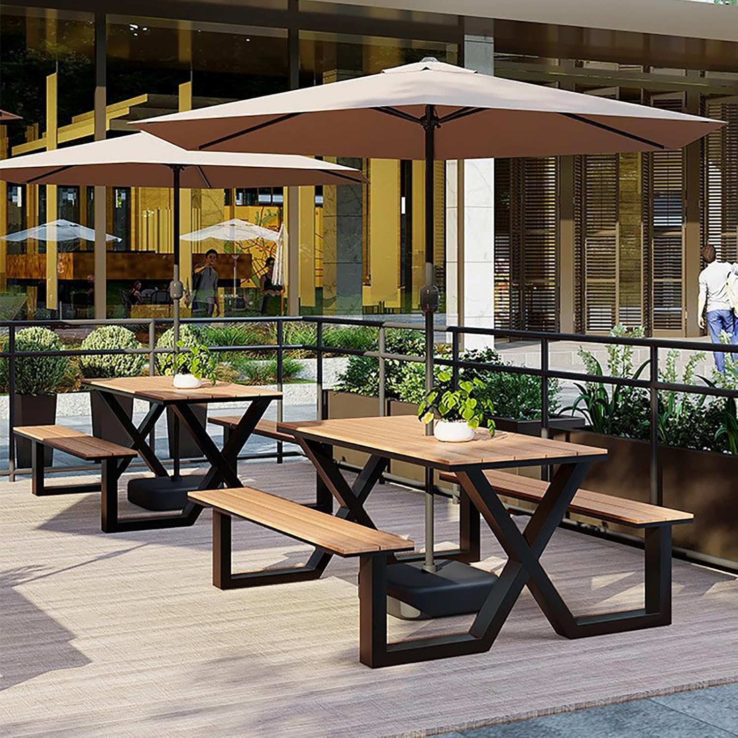 Outdoor Bench Table, Rectangular Porch Bench with Black Frame, Picnic Table Benchs Set for Garden, Lawn, Yard(White)