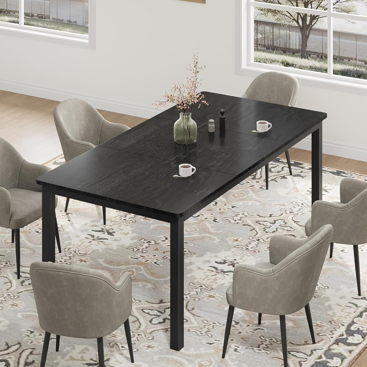 Garvee 79 in Dining Table for 6, Farmhouse Wooden Kitchen Tables for Family, Rectangular Industrial Style Dining Room Table with Sturdy Metal Frame, Long Desk for Restaurant, Kitchen, Office,Black