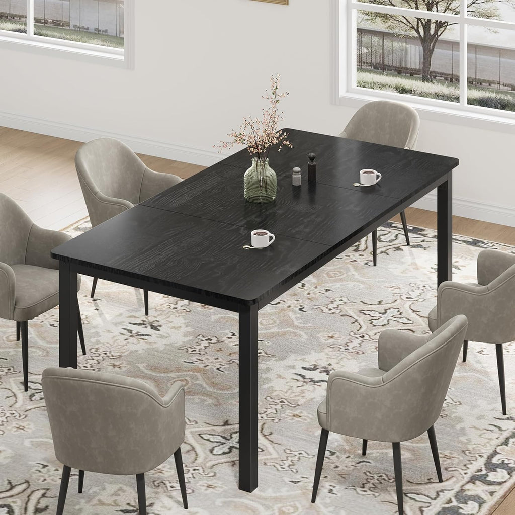 71 inch Long Rectangle Dining Table, MDF Top + Iron Legs with Rounded Corners, Modern Industrial Style Kitchen Table for 6-8 Persons, Black