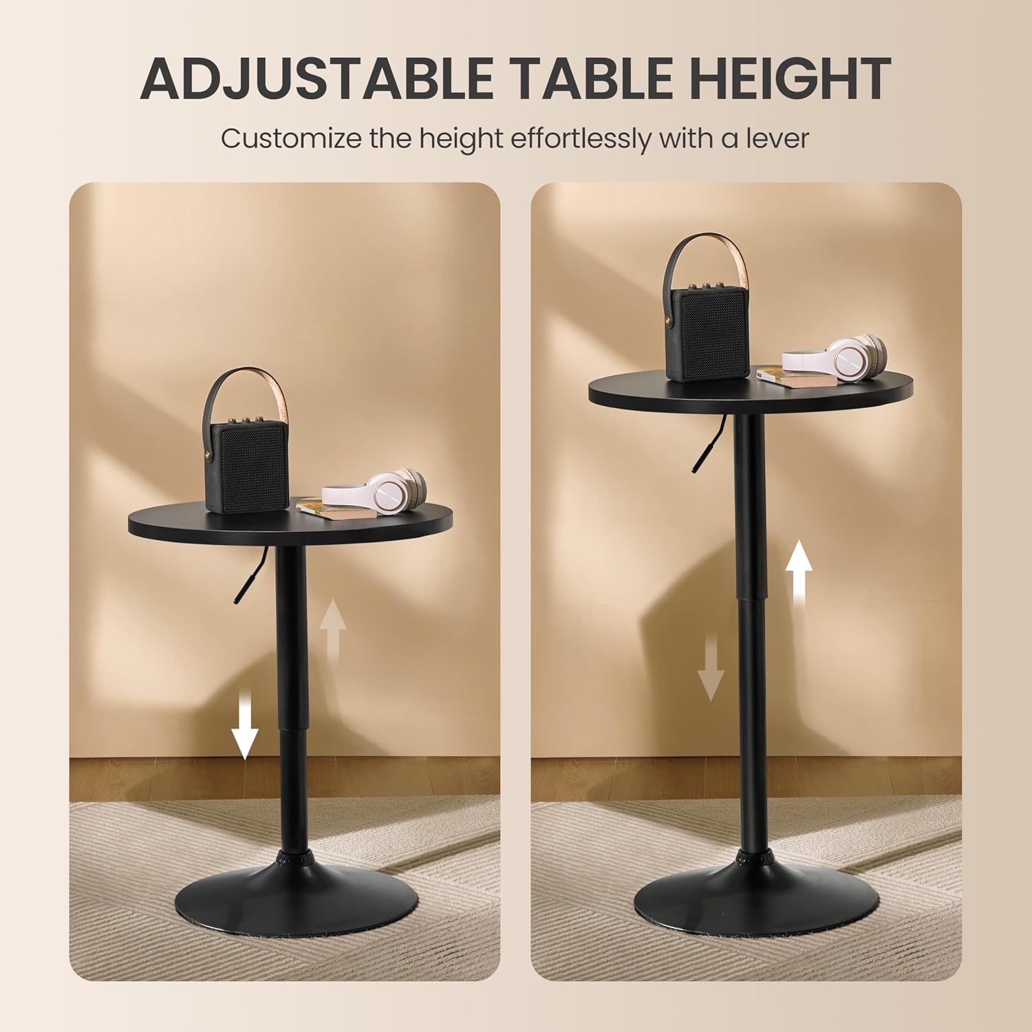 Yaheetech Round Bar Table, Adjustable Height and 360° Swivel Bar Tables, Cocktail Table with MDF Top, Black Leg Base for Bar, Bistro, Café, Full Black