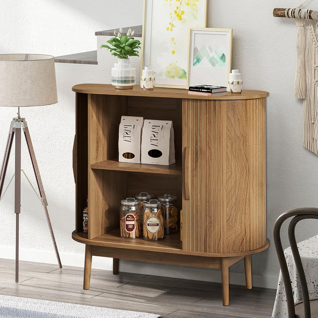 Small Sideboard Buffet Cabinet with Storage, Sliding Doors, 31" Wood Narrow Accent Storage Cabinet, Modern Buffet Table Coffee Bar Cabinet for Kitchen, Living Room (Walnut)