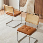 Cantilever Dining Chair, Single Modern Armless Chair with Chrome Steel Frame, PU Leather Seat and Rattan Backrest, 17.7" Seat Height Kitchen & Dining Room Chair (Brown, Set of 2)