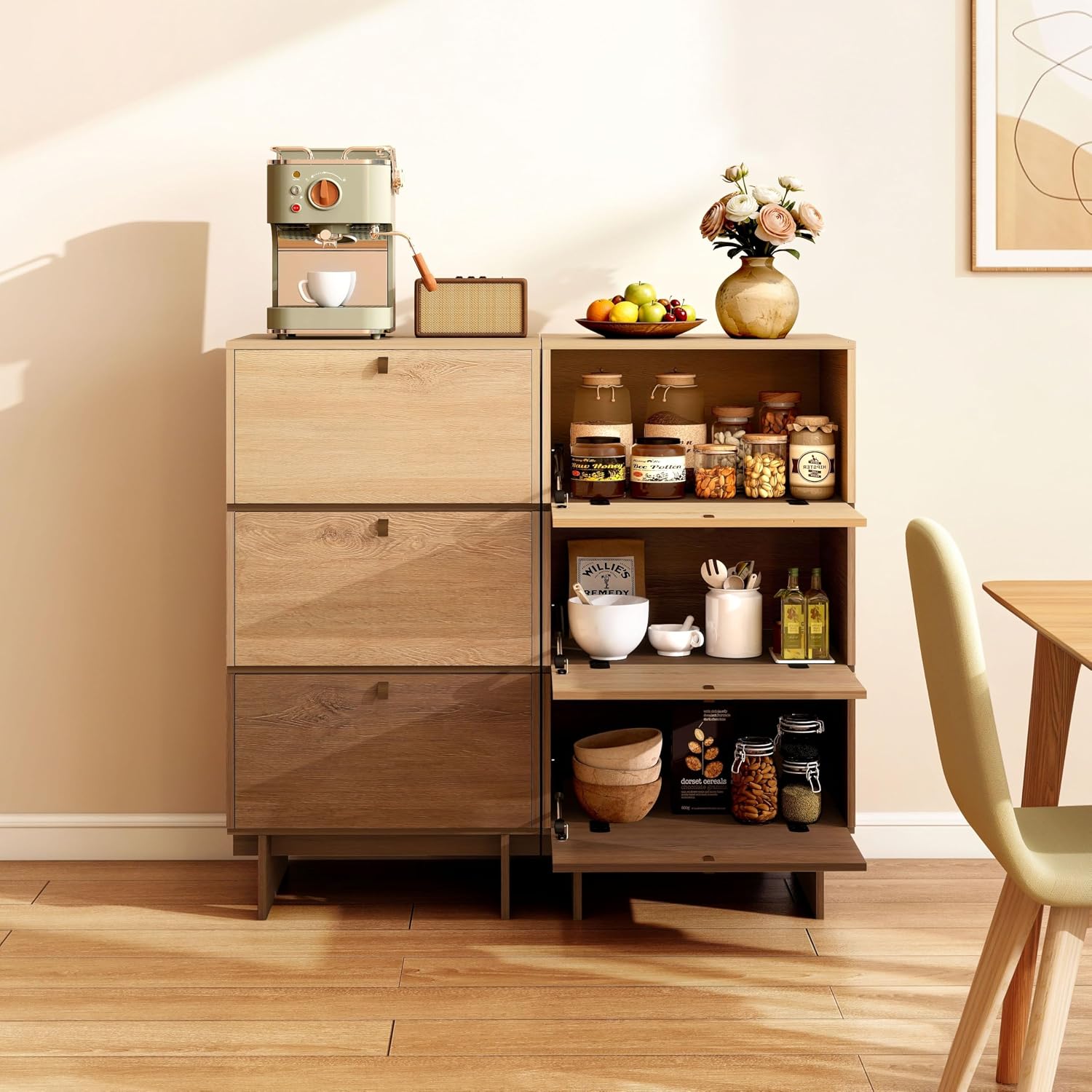 Storage Cabinet, Sideboard Buffet Cabinet with 3 Doors, Side Table with Storage for Kitchen, Living Room, W18.9xD15xH34.8, Oak Trio Color