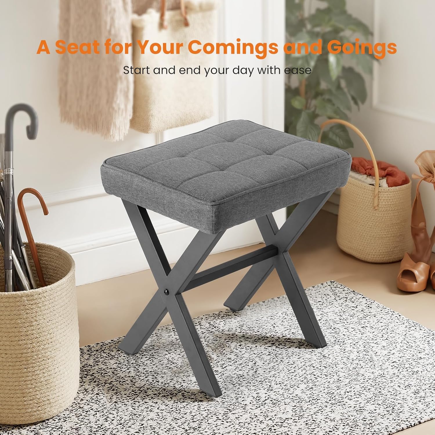 Sweetcrispy Vanity Stool Ottoman, Square Linen Makeup Stool Metal X Legs, Small Footstool Chair for Vanity, Modern Padded Seat Foot Rest for Makeup Room, Bathroom,Living Room, Entryway, Gray