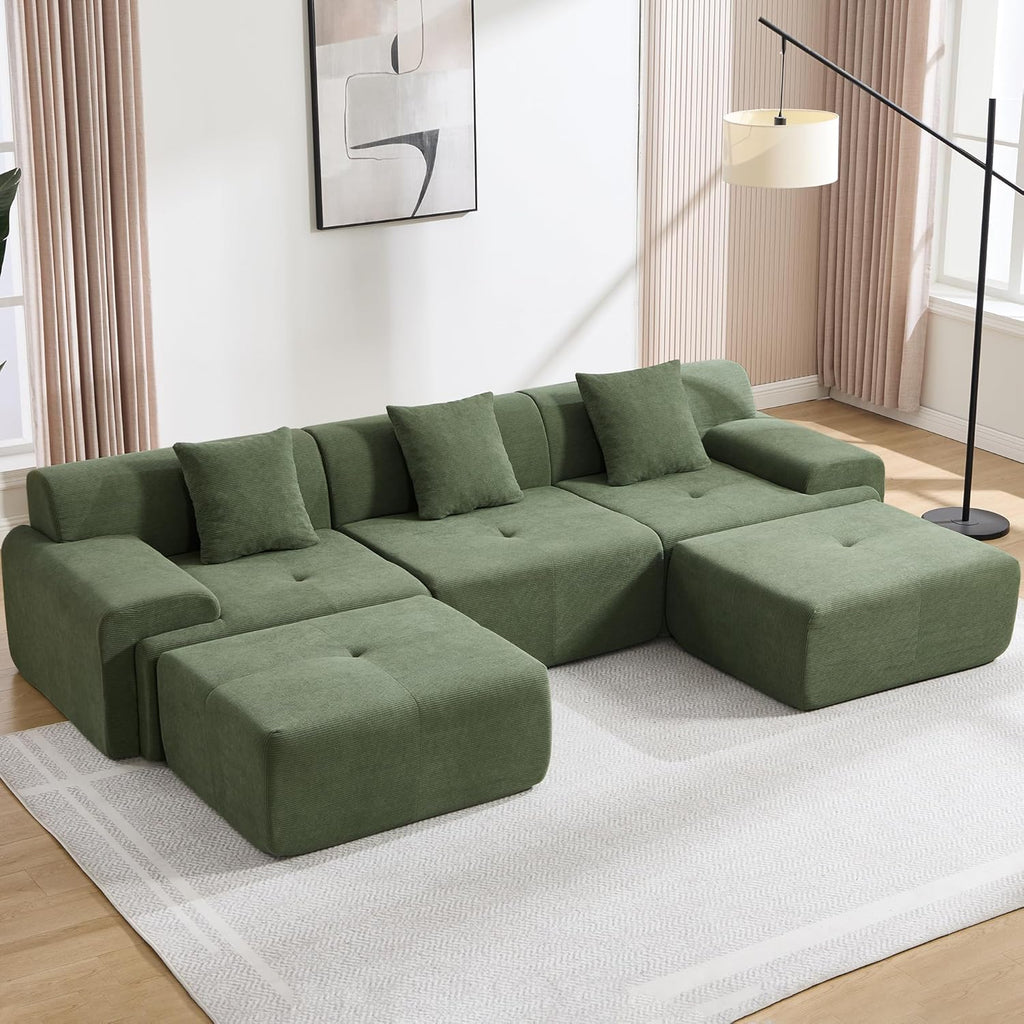 122" U Shaped Boneless Modular Sectional Sofa, Oversized 5-Seater Full Sponge Cloud Couch with Movable Ottoman, Corduroy Upholstery Couches for Living Room, No Assembly, Green