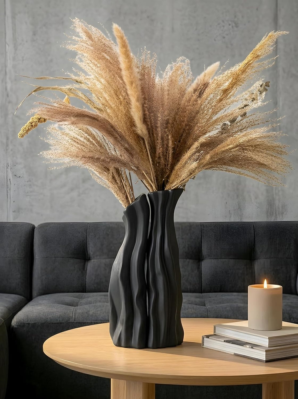 Modular Rockery Art Vase Set of 2, Separatable Centerpiece Table Decorations - 11" Tall Matte Black Ceramic Vases for Flowers, Pampas Grass, Modern Nordic Boho Home Decor (Black)