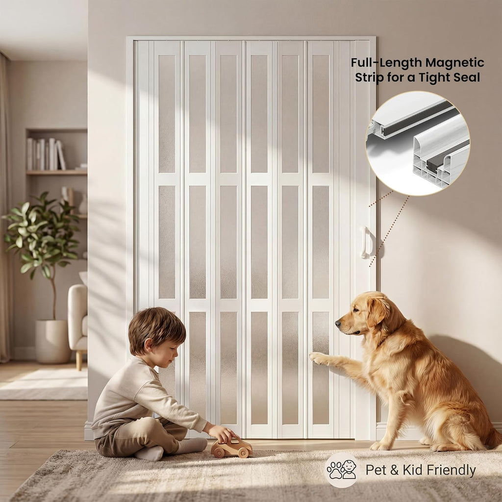 SmartStandard 30" x 80" Accordion Doors Interior, Double-Layer Accordion Doors for Doorway Closet Bathroom, PVC Folding Door Interior with Frosted Acrylic Glass, Full-Side Magnetic Strip, White