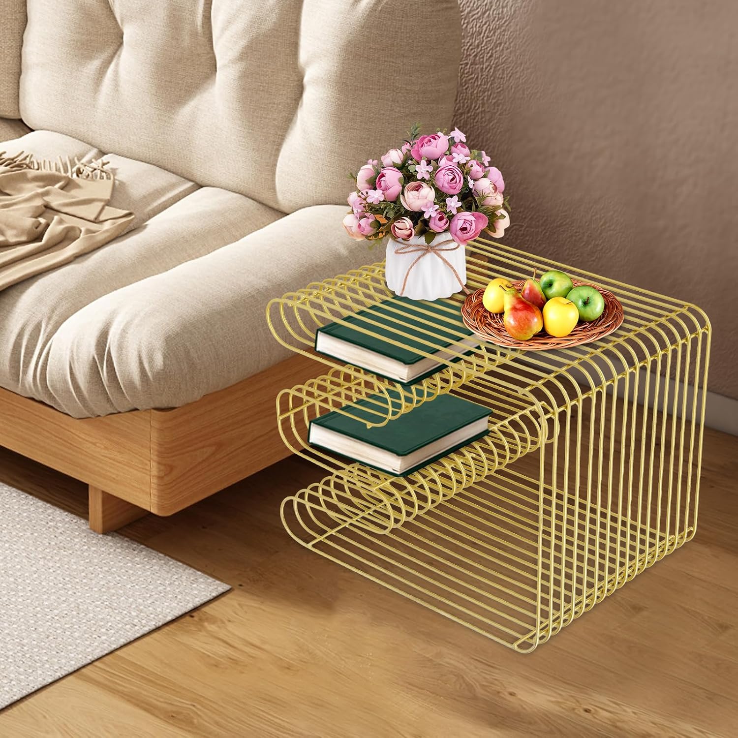 Compact Bedside Table, Modern Side Table, 12.59"*12.59"*16.14" End Table for Living Room Office Apartment, 110.23lbs Maximum Load Bearing Capacity (Gold)
