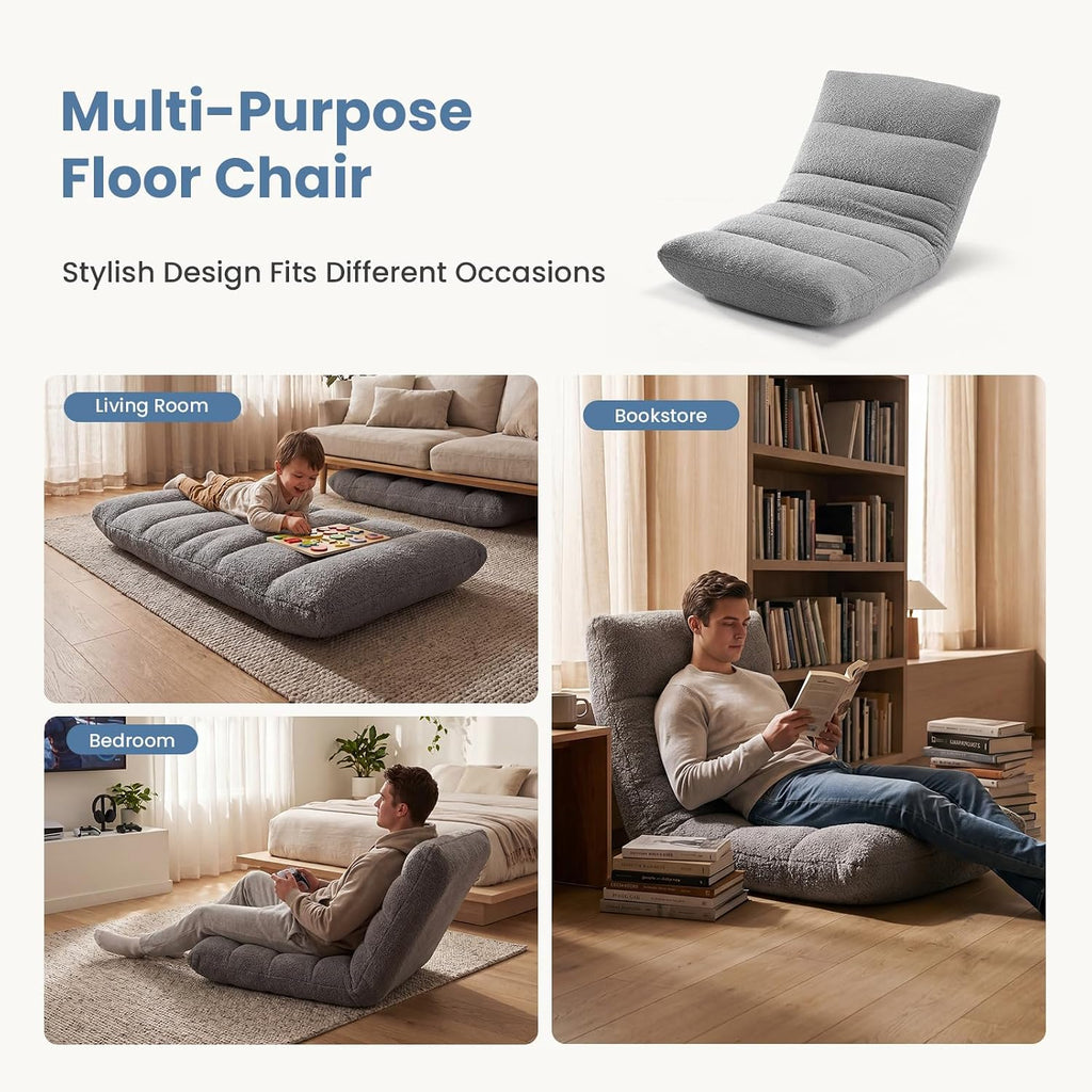 DUMOS Folding Floor Chair with Back Support, Adjustable 14-Position Floor Seating with Comfy Teddy Velvet for Adults & Kids, Reading, Gaming, Meditation, Watching, Grey