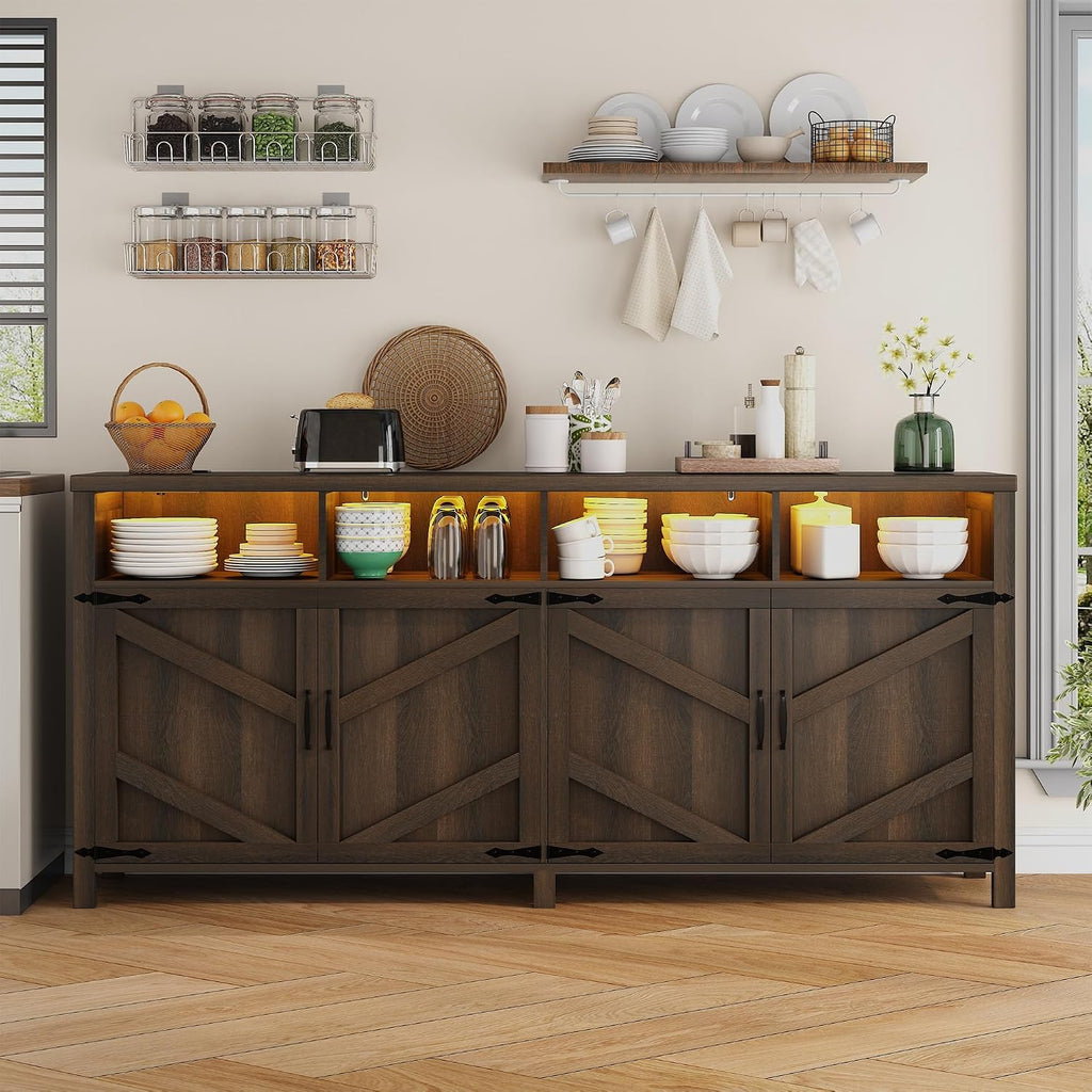 knoworld Buffet Sideboard with Storage Farmhouse with 4 Doors, 55'' Large Kitchen Storage Cabinet Wood Coffee Bar Buffet Table for Kitchen, Dining Room (Brown with Power Outlets & LED Light, 63in)
