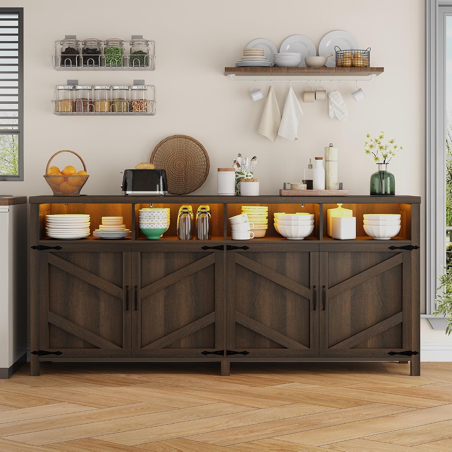 knoworld Buffet Sideboard with Storage Farmhouse with 4 Doors, 55'' Large Kitchen Storage Cabinet Wood Coffee Bar Buffet Table for Kitchen, Dining Room (Brown with Power Outlets & LED Light, 63in)