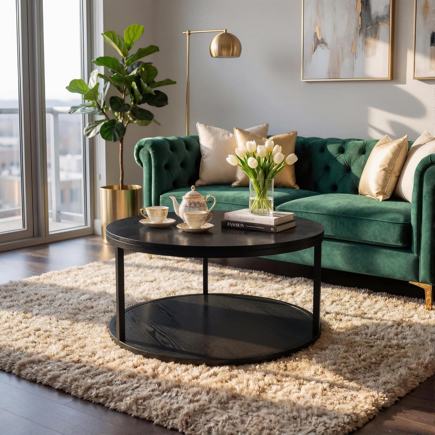YESHOMY 36" Modern Round Coffee Table for Living Room, 2-Tier Wood Design with Storage Shelf, Sturdy Metal Frame, Stylish Small Space Furniture, Black Metal