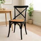2xhome Wooden X Back Dining Chair | Woven Rattan Seat with Metal Cross Back | Rustic Farmhouse Kitchen Side Chair Fully Assembled (2, Black, Dining)