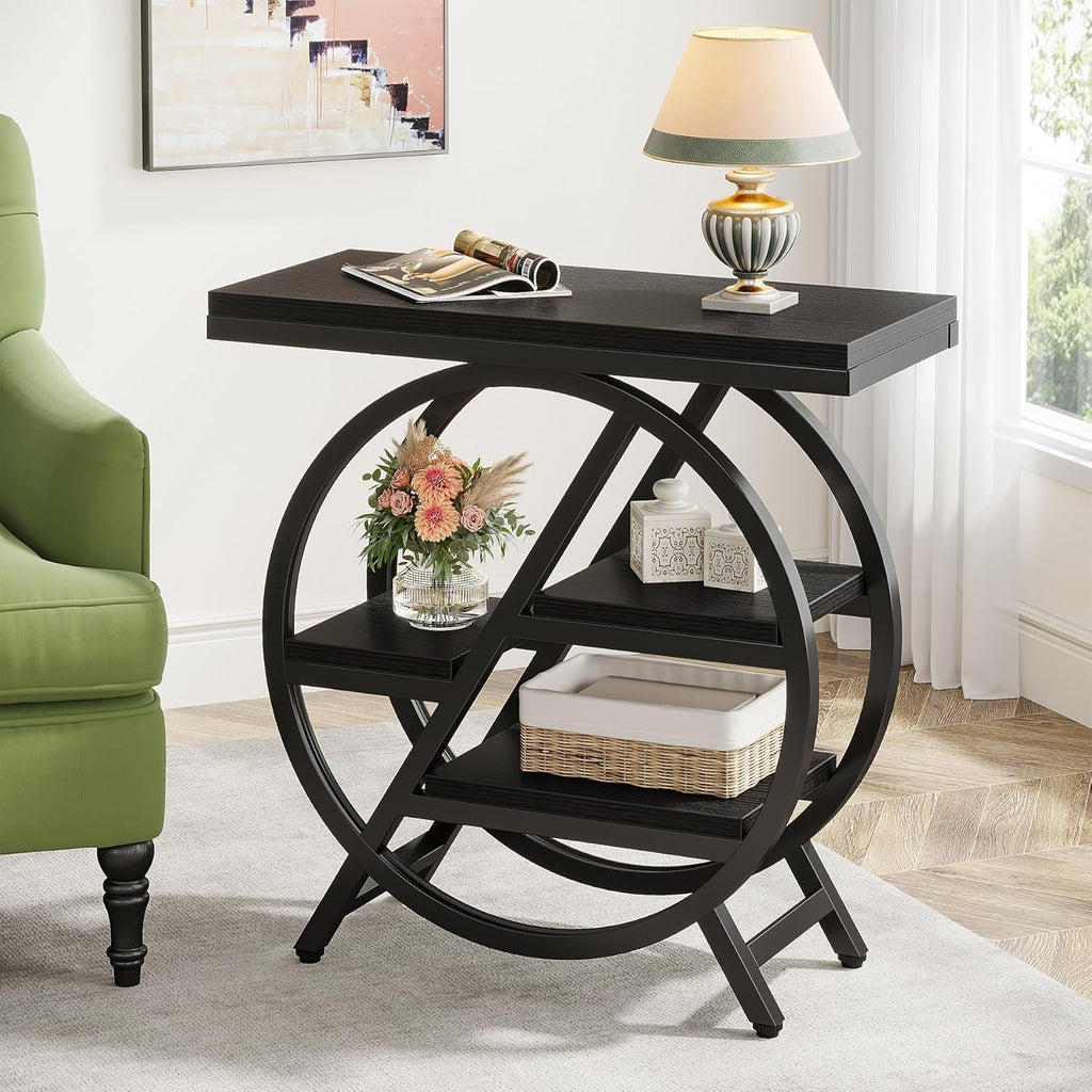 Tribesigns End Table for Living Room, 3-Tier Narrow Side Table with Storage, Wood Sofa Side Table with Geometric Metal Frame, Industrial Nightstand and Bedside Table for Bedroom, Black