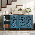 Jiansu furni Sideboard Buffet Cabinet with Storage, 31.6" High Accent Cabinet with 2 Carved Doors, Sturdy Storage Organizer with Solid Wood Bun Feet for Kitchen Coffee Bar, Blue & Walnut