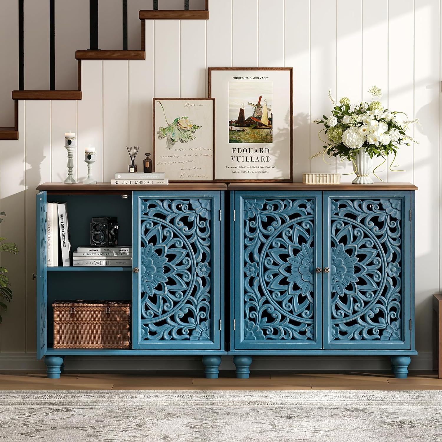 Jiansu furni Sideboard Buffet Cabinet with Storage, 31.6" High Accent Cabinet with 2 Carved Doors, Sturdy Storage Organizer with Solid Wood Bun Feet for Kitchen Coffee Bar, Blue & Walnut