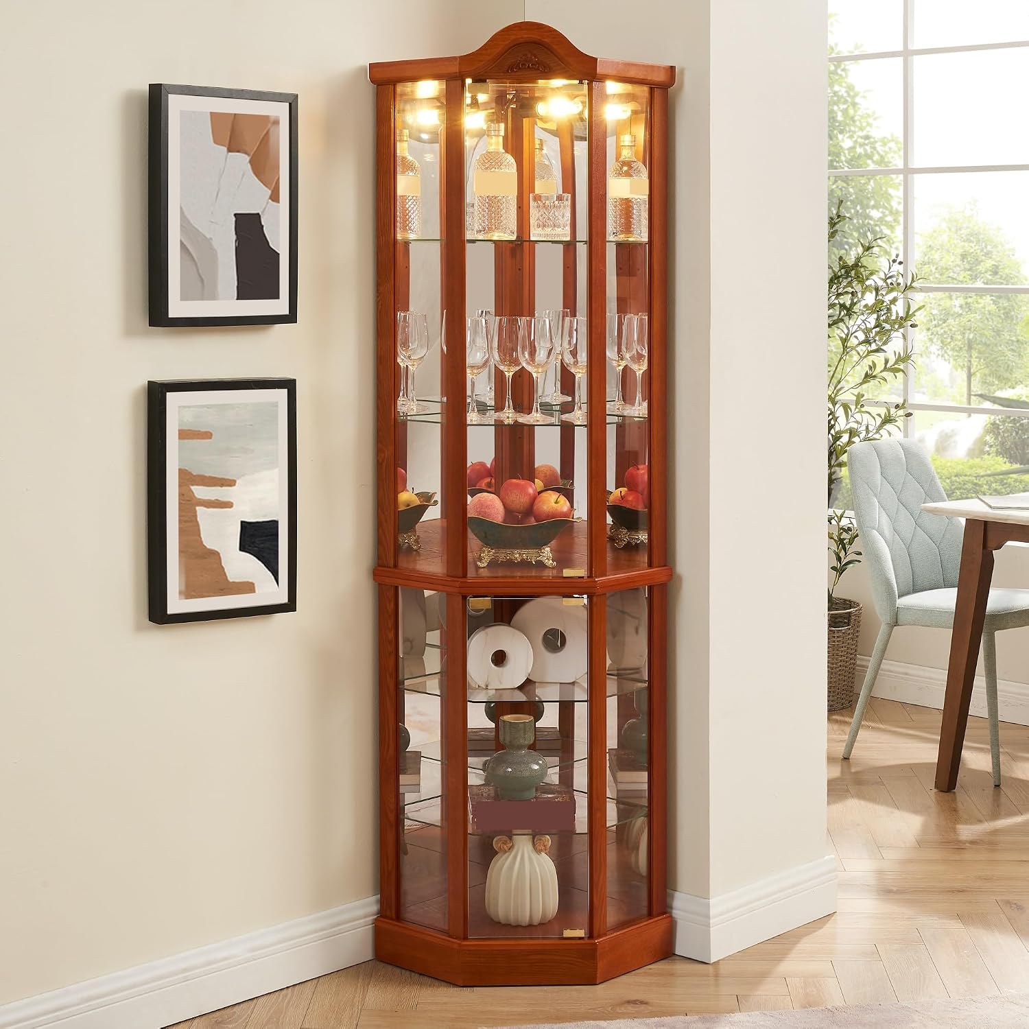 Classical Glass Cabinet Lighted, Wine Cabinet with Adjustable Glass Shelves, for Living Room Corridor,for Kitchen Home