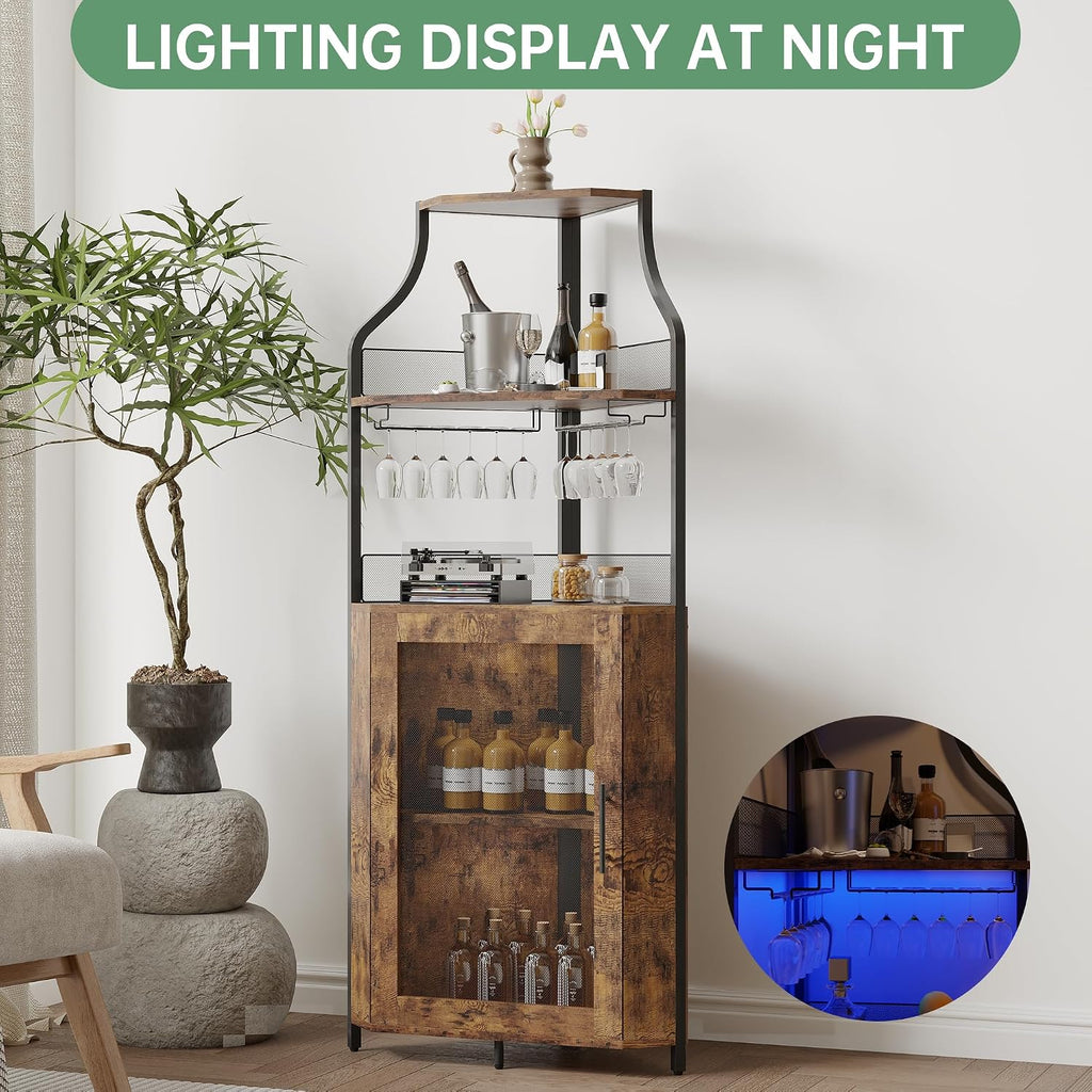 Garvee Corner Wine Rack Cabinet for Liquor Cabinet with Adjustable Shelves, 61 in Industrial Tall Bar Cabinet Freestanding with Mesh Door and Glass Holder for Kitchen, Rustic Brown