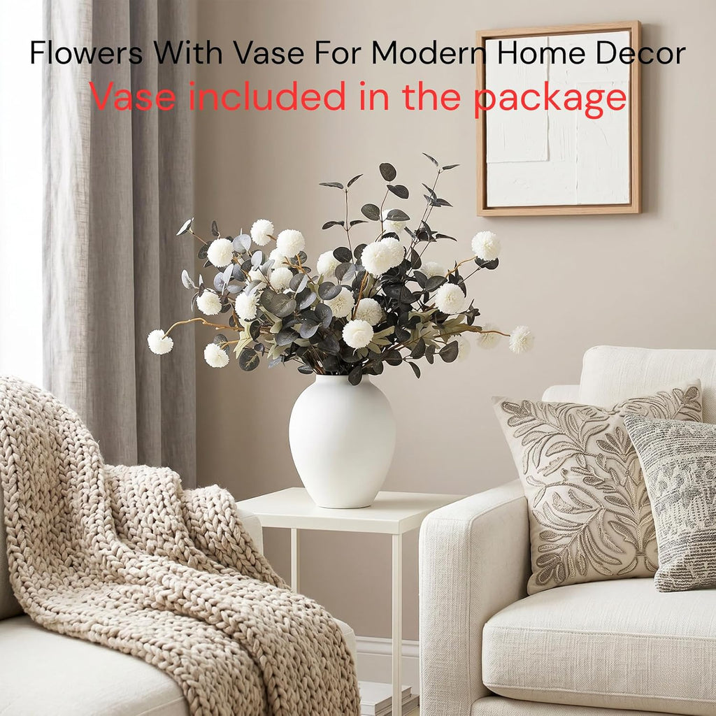 White Artificial Flowers & Greenery With Vase, Faux Floral Arrangement Centerpiece for Dining Table, Realistic Silk Flowers With Modern Vase for Kitchen, Living Room, Bedroom, Entryway & Bathroom