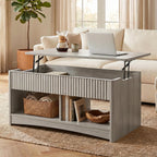 Marsail Lift-Top Coffee Table, Fluted Center Table with Hidden Compartments, Smooth Lifting & Space-Saving Design, Versatile Wood Coffee Table for Living Room and Office, Grey