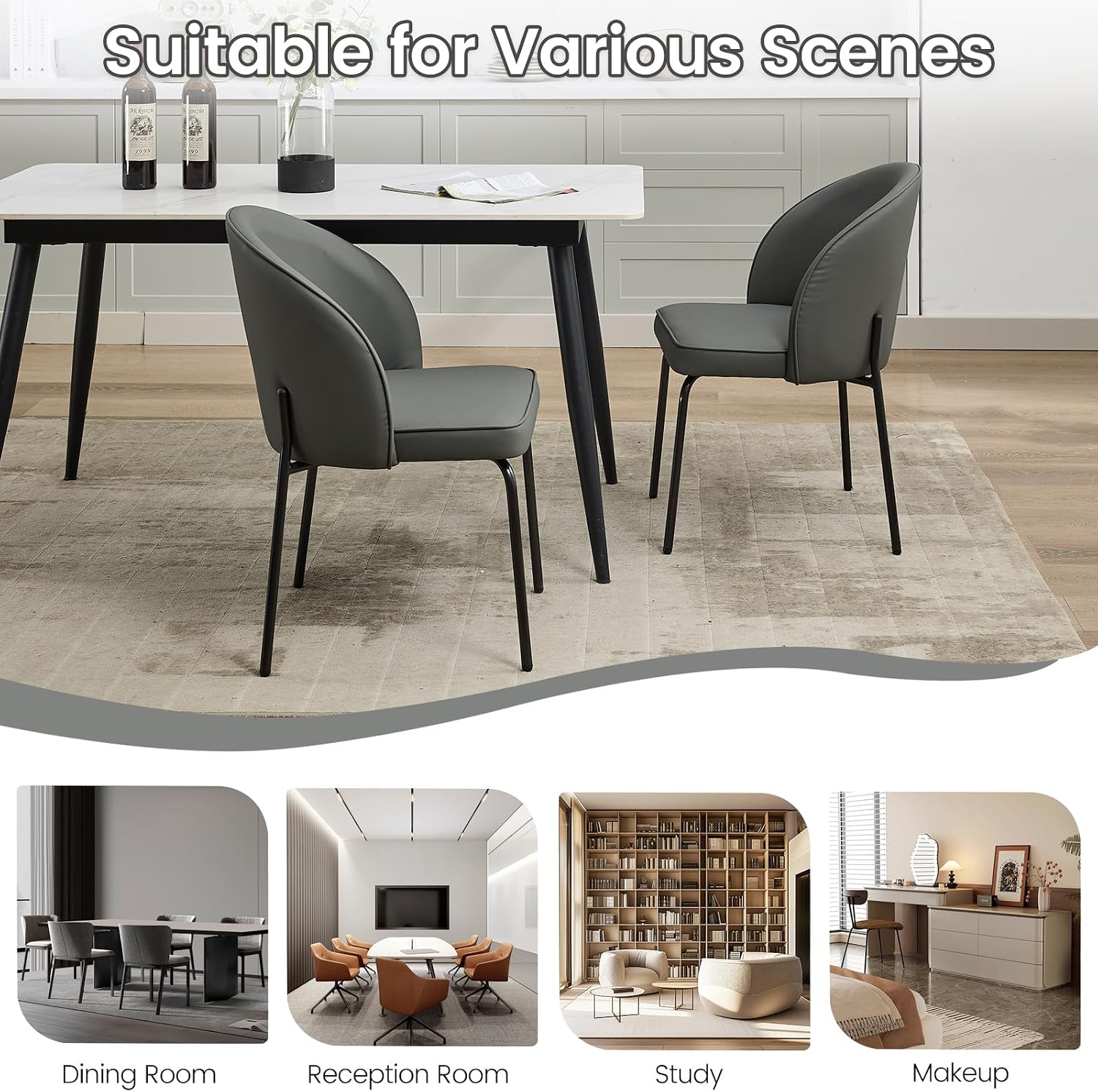 Upholstered Dining Chairs Set of 2, Modern Faux Leather Kitchen Dining Room Side Chairs with Metal Legs (Grey)