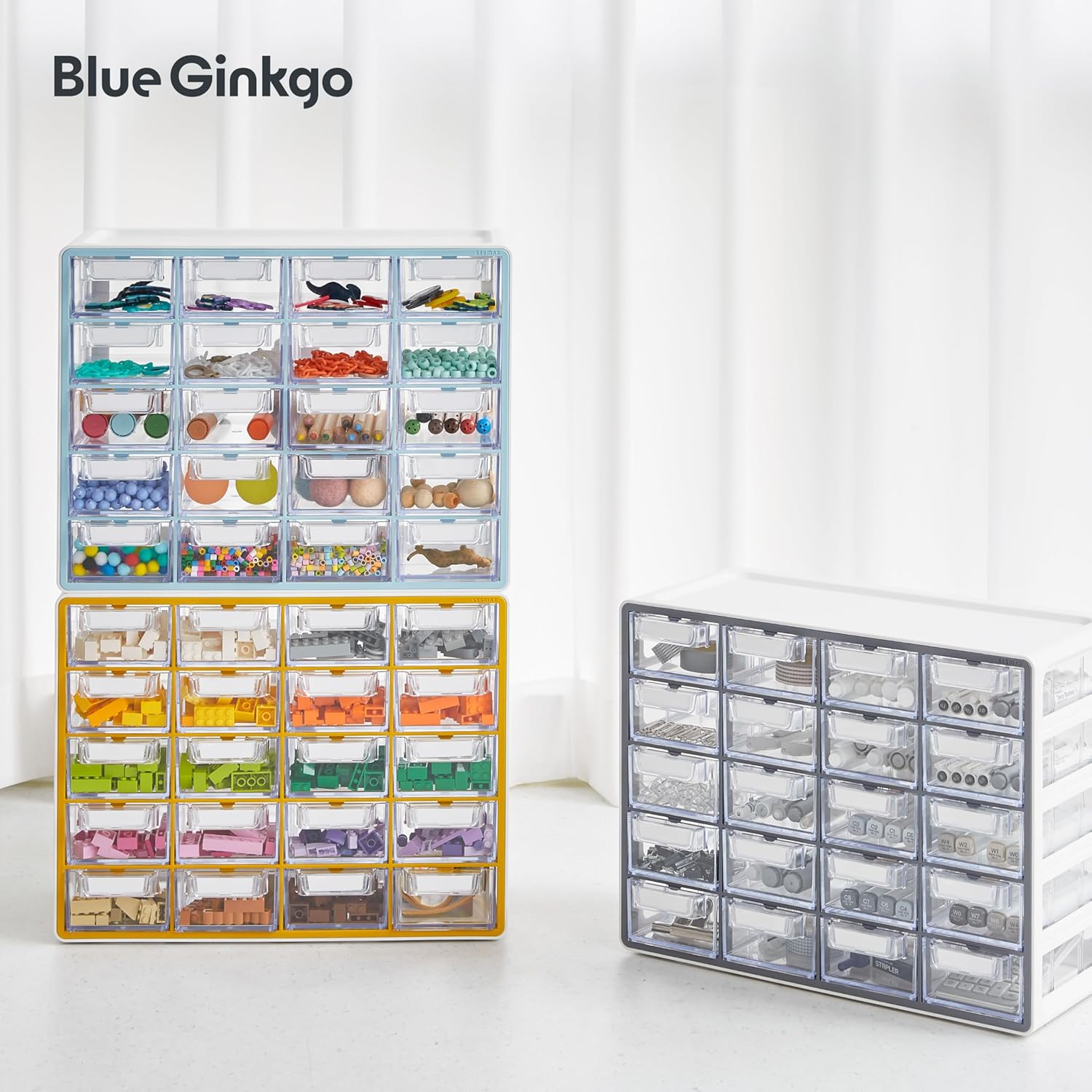 Blue Ginkgo Small 20-Drawer Cabinet – Stackable Clear Organizer for Hardware, Beads, Plastic Bricks, Office, and Craft Storage (Made in Korea, Gray)