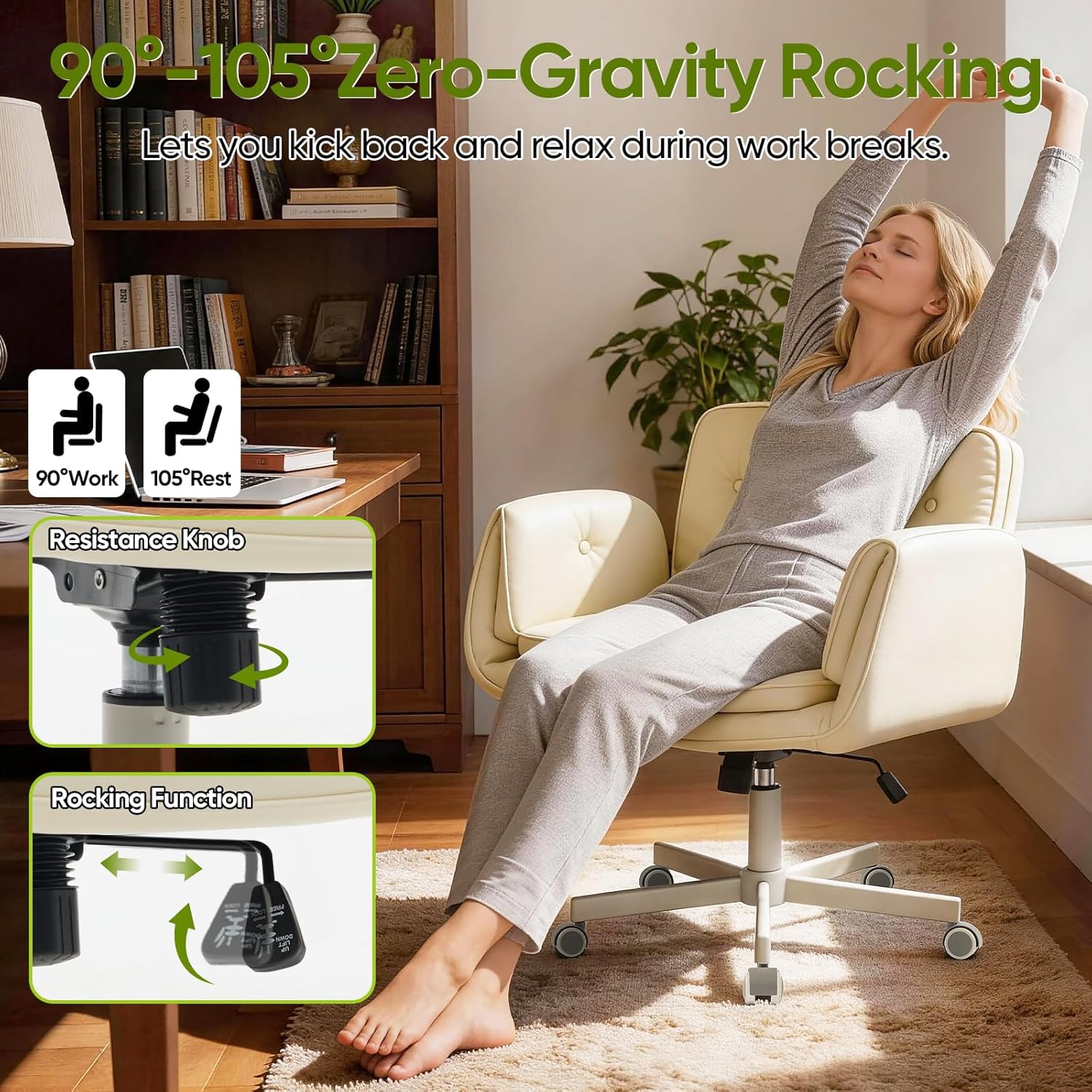 Criss Cross Chair with Wheels & Armrests, Scratch-Resistant PU Leather Vanity Chair, Comfy Wide Height Adjustable Computer Office Desk Chair for Home Office, Make Up, Bedroom (Cream)