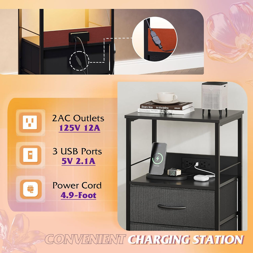 WLIVE LED Night Stand with Charging Station, Black Nightstand with 2 Fabric Drawers and Storage Shelf, Dorm Bedside Table End Table with 2 USB Ports and Outlets, Small Dresser for Bedroom