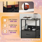WLIVE LED Night Stand with Charging Station, Black Nightstand with 2 Fabric Drawers and Storage Shelf, Dorm Bedside Table End Table with 2 USB Ports and Outlets, Small Dresser for Bedroom