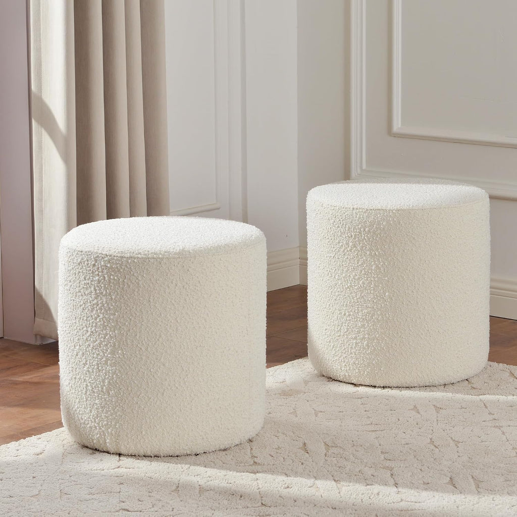 KINWELL Modern Round Boucle Upholstered Ottoman Set of 2, Multi-Functional Sofa Footrest, Side Table, Extra Seating for Living Room, Bedroom, Entryway (Cream White, 18" Dx 18" W x 18.3" H)