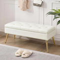SNOWDROP 40" Upholstered Storage Bench – Ivory White End of Bed Bench with Gold Metal Legs, Button-Tufted Modern Faux Leather Ottoman Bench for Bedroom, Entryway & Living Room