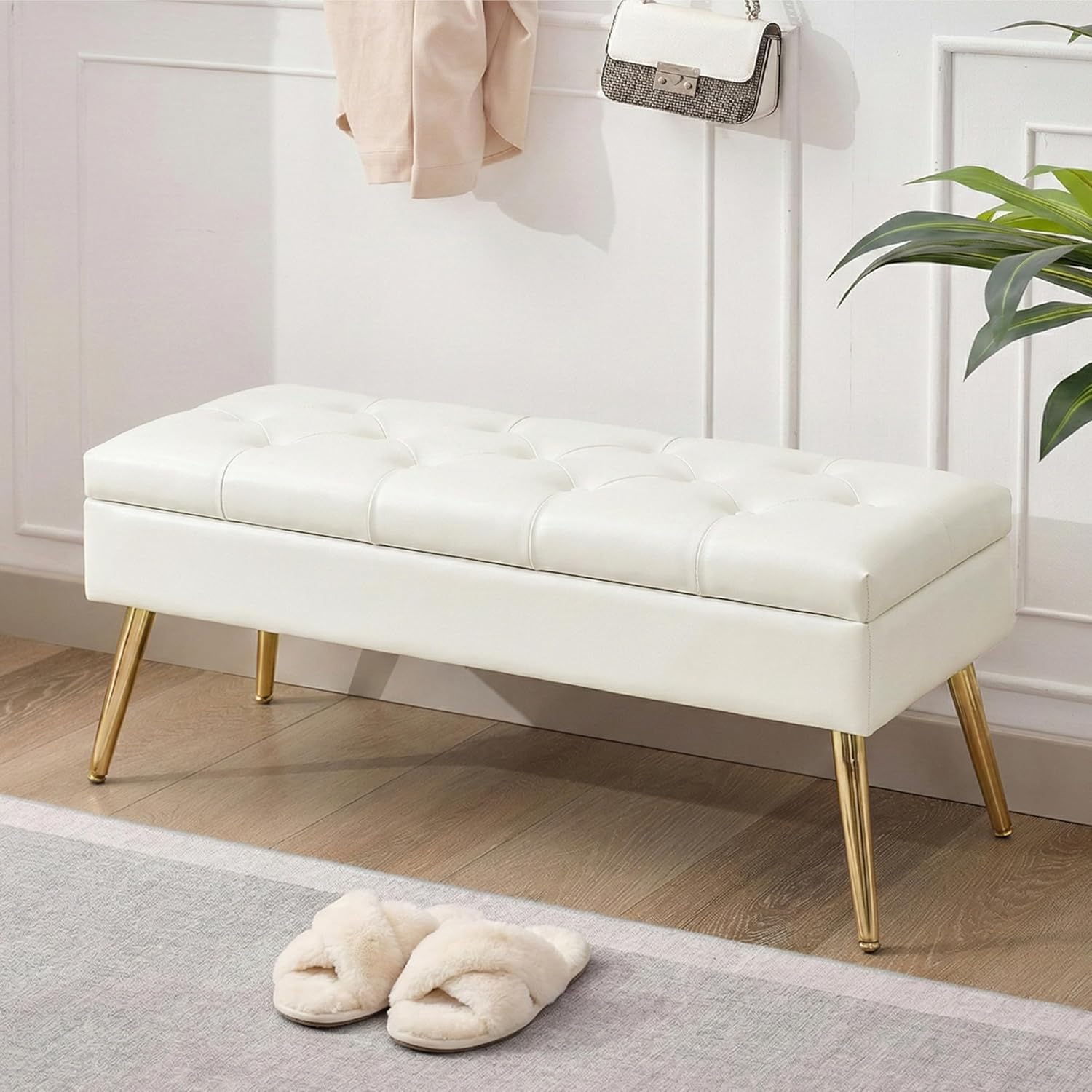 SNOWDROP 40" Upholstered Storage Bench – Ivory White End of Bed Bench with Gold Metal Legs, Button-Tufted Modern Faux Leather Ottoman Bench for Bedroom, Entryway & Living Room
