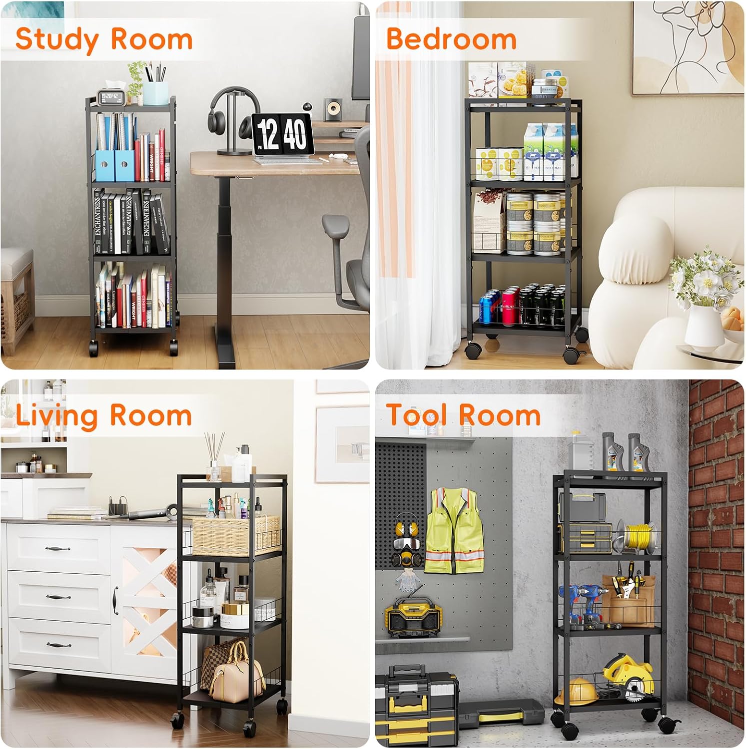 Expandable Slim Storage Cart with Wheels, 4 Tier Narrow Metal Rolling Utility Cart Organizer Adjustable Open Floor Shelving Unit for Small Spaces Bathroom Laundry Room Kitchen