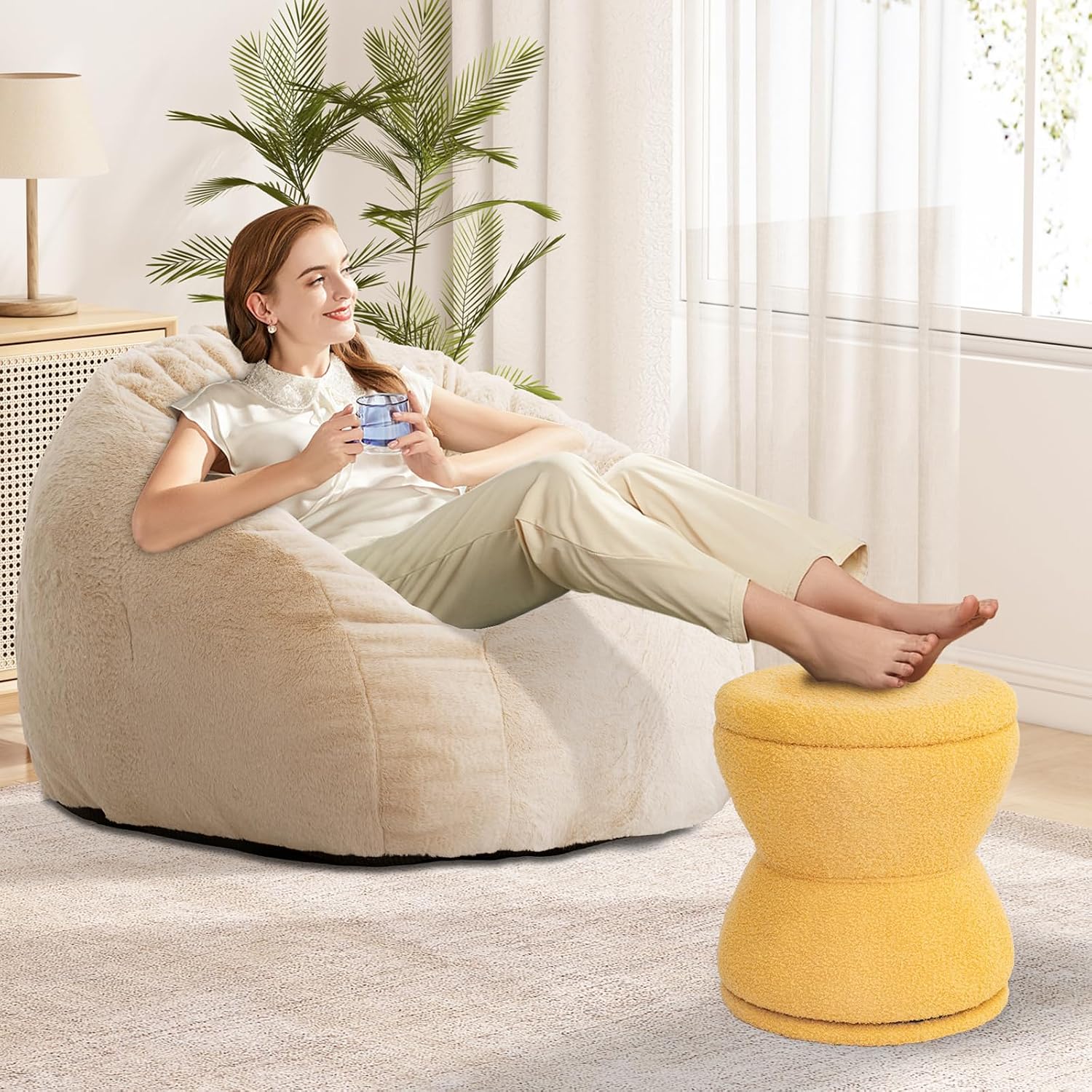 DHMAKER Round Ottoman with Storage, 360°Swivel Vanity Stool Chiar, Small Makeup Chair Comfy Upholstered Foot Stool with Thick Padded for Living Room, Bedroom, Entryway,Yellow