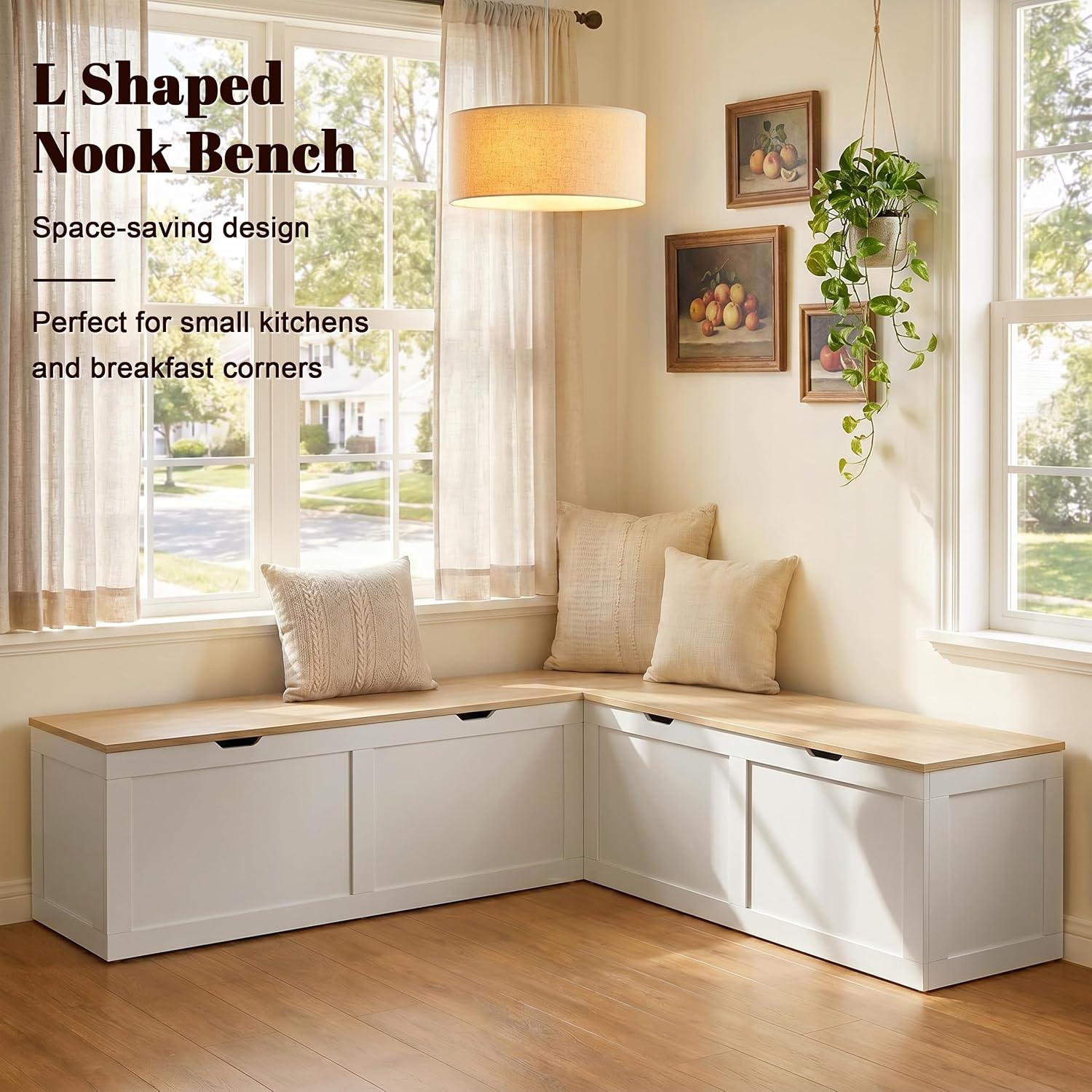 Mangodan 63 Inch L Shaped Storage Bench with Hidden Storage, Space-Saving Corner Breakfast Nook Bench for Kitchen Dining Room Entryway, L Shape Corner Bench with Oak Wood Seat
