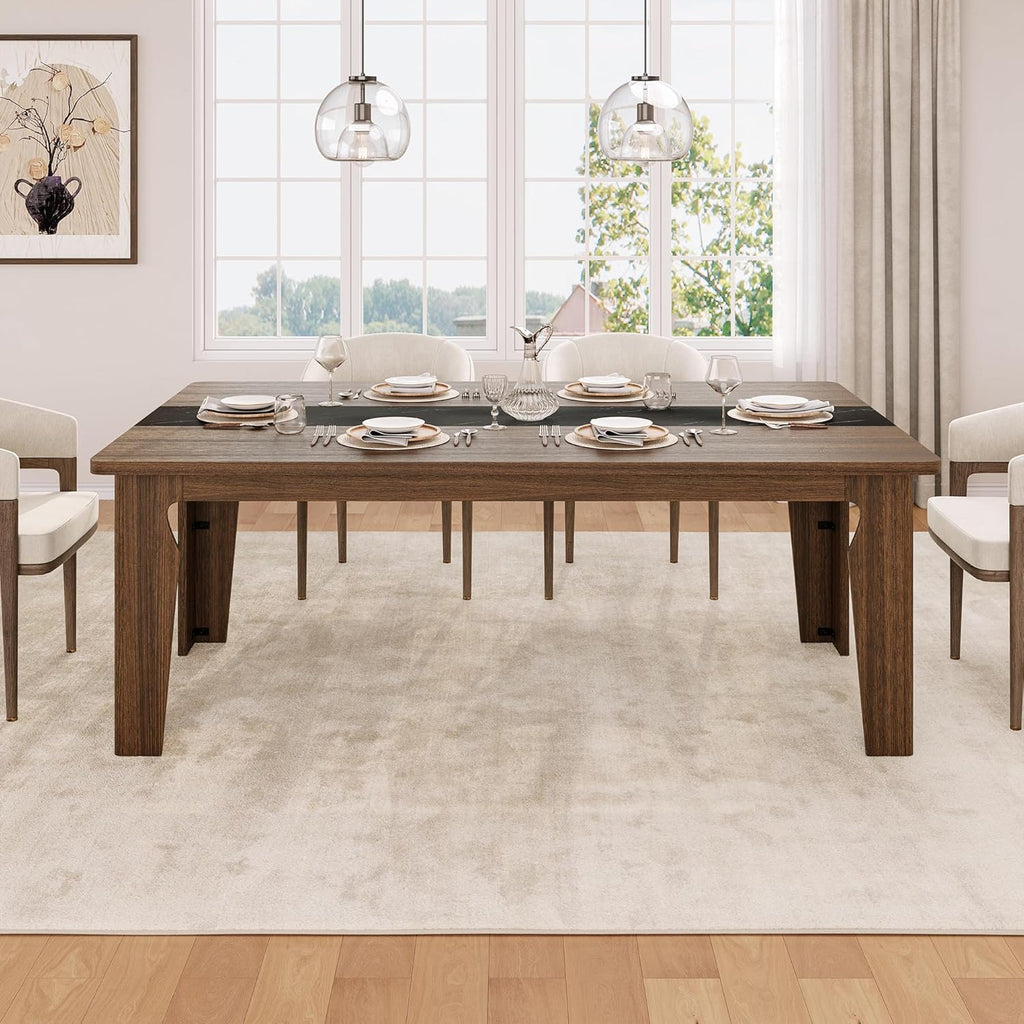 iPormis Farmhouse 71" Long Dining Table for 6-8 People, Marble Texture Finish Kitchen Table with Sturdy Wooden Frame, Rectangle Dining Table for Dining Room, Kitchen, Brown