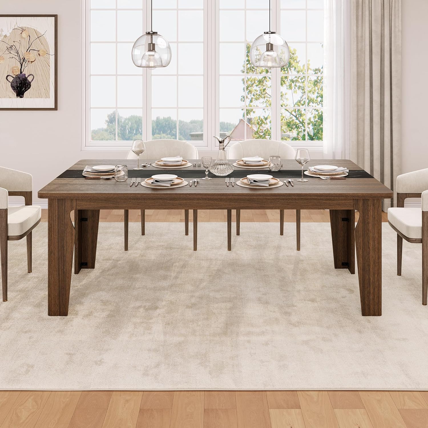iPormis Farmhouse 71" Long Dining Table for 6-8 People, Marble Texture Finish Kitchen Table with Sturdy Wooden Frame, Rectangle Dining Table for Dining Room, Kitchen, Brown