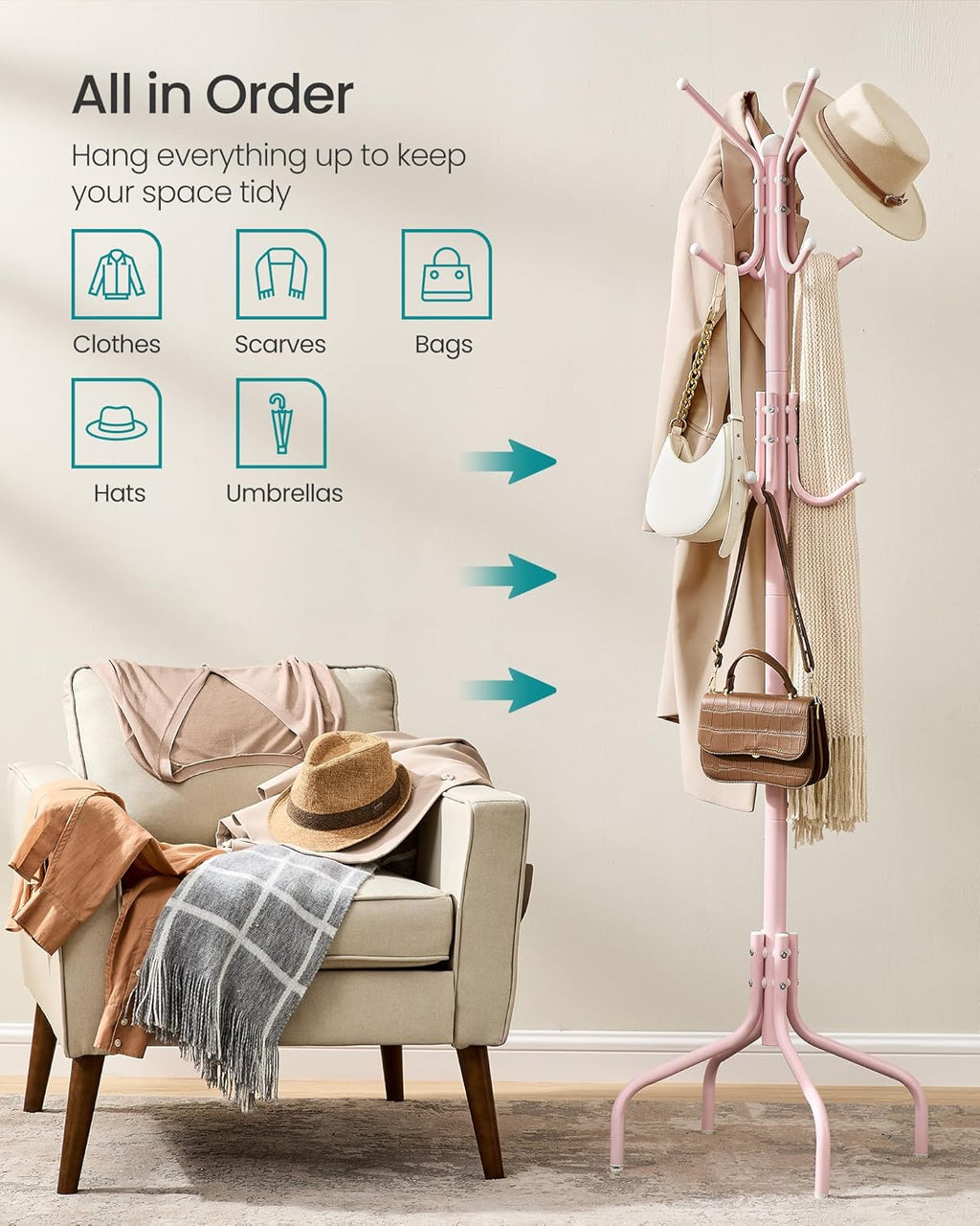 SONGMICS Coat Rack Freestanding, Metal Coat Rack Stand with 12 Hooks and 4 Legs, Holds Clothes, Hats, and Bags, for Entryway, Living Room, Bedroom, Brown URCR031Z01