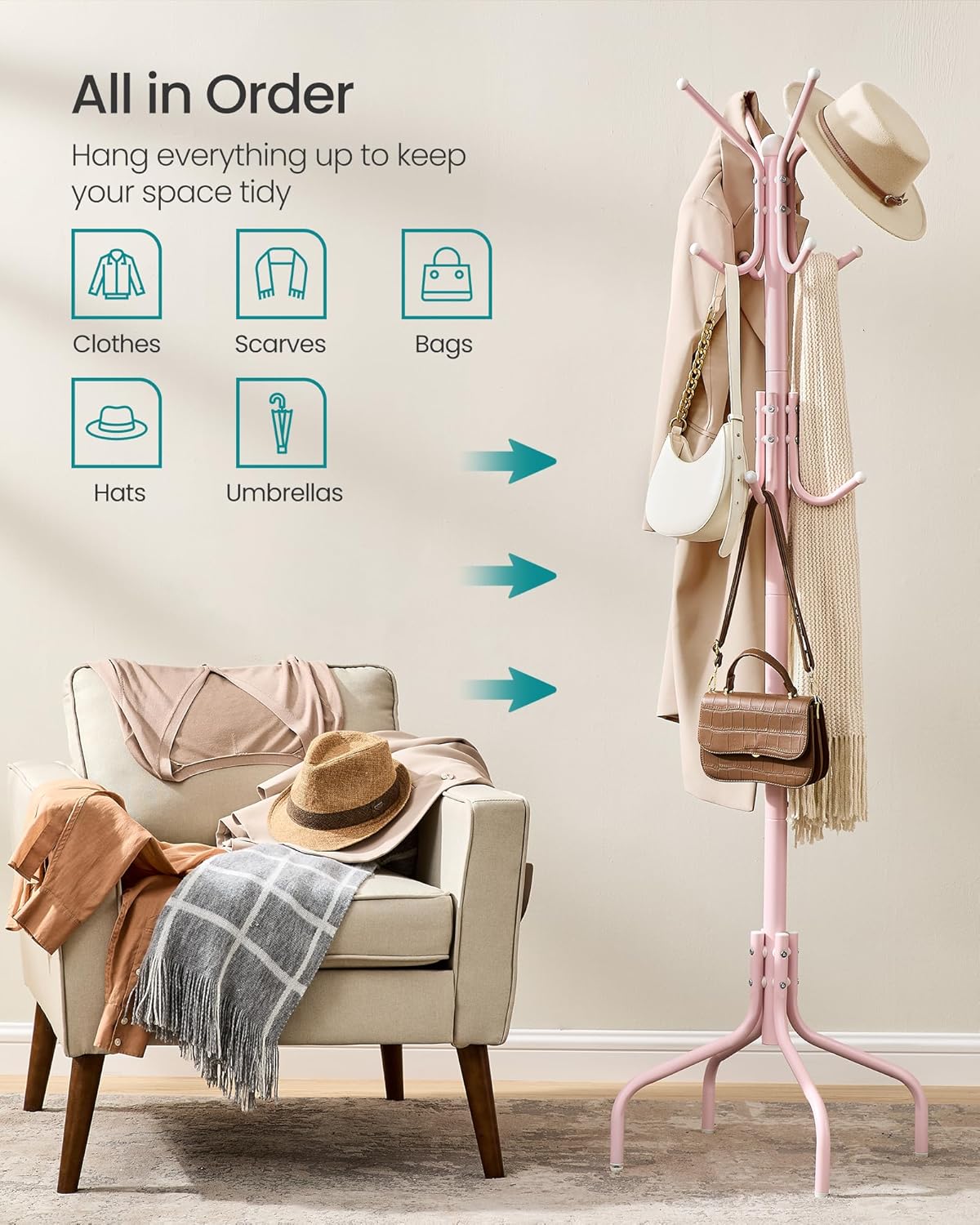 SONGMICS Coat Rack Freestanding, Metal Coat Rack Stand with 12 Hooks and 4 Legs, Holds Clothes, Hats, and Bags, for Entryway, Living Room, Bedroom, Brown URCR031Z01