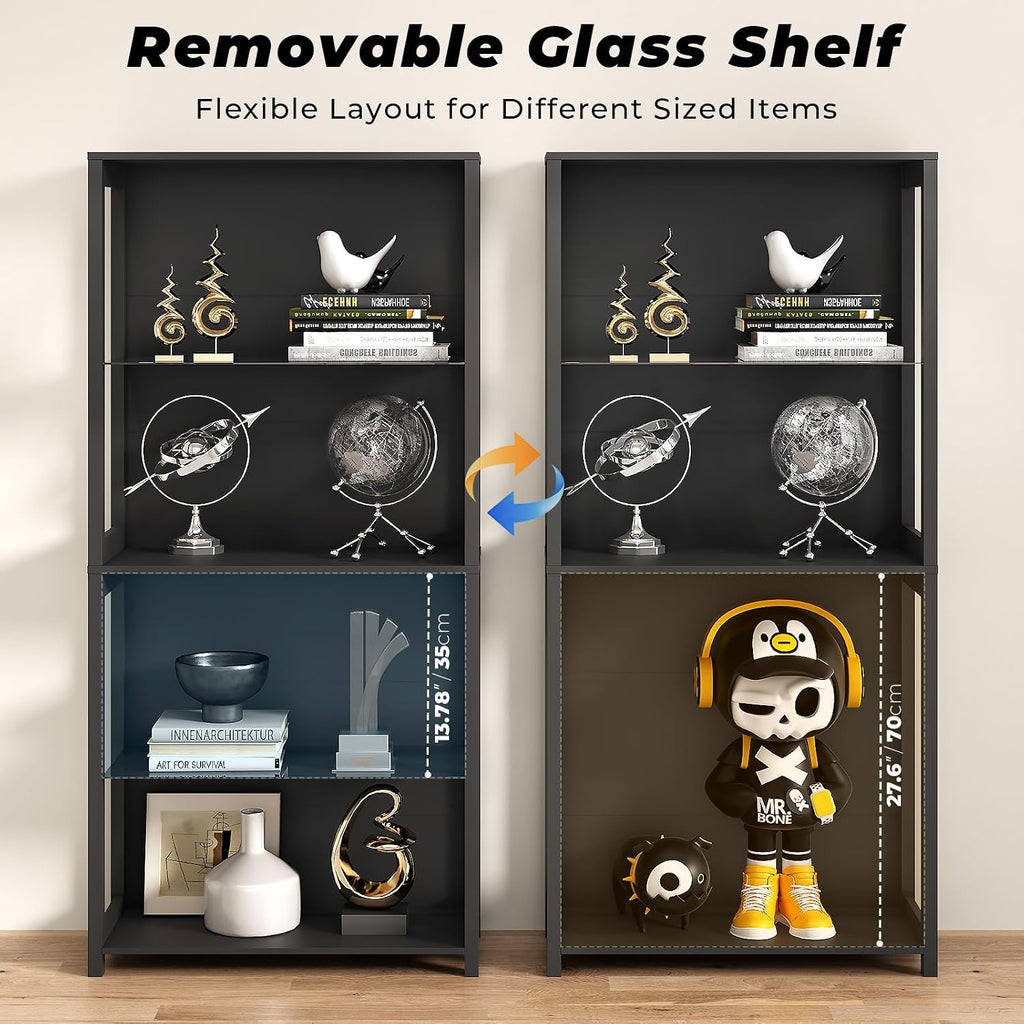 Display Cabinet with Glass Shelves, 4-Tier Display Shelf with LED Lights, Glass Display Case with Removable Shelves, Curio Cabinet for Collectibles, Black