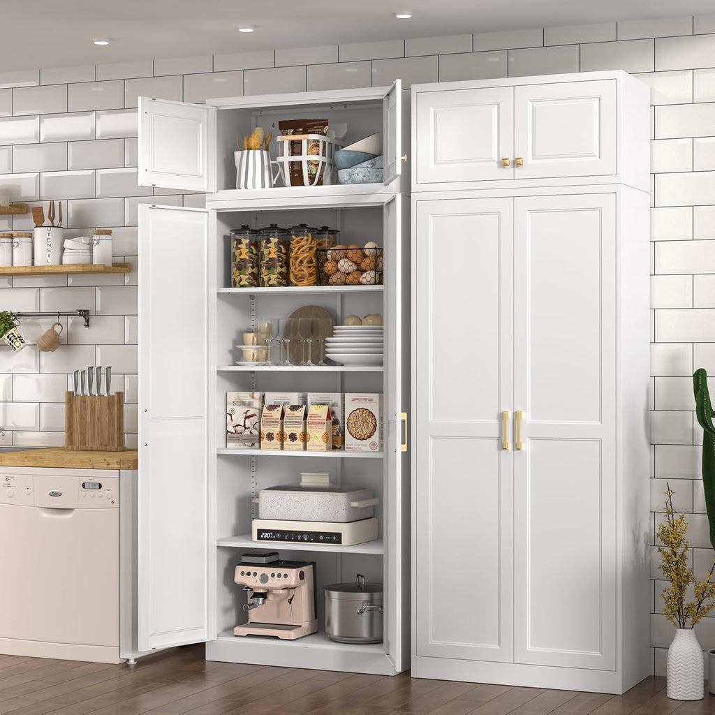 Polup Kitchen Pantry Cabinet, 86 Inch Tall Metal Storage Cabinet, Food Pantry cabinets with Doors and Shelves, White Storage Cabinets for Living Room, Dining, Office, Bathroom, Assembly Required