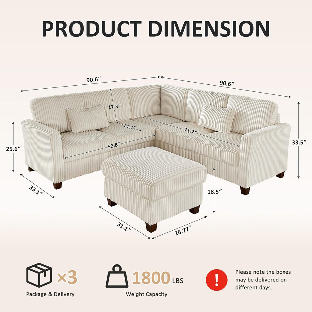 VANOMi Sectional Corner Couch, Corduroy L Shaped Sofa with Storage Ottoman,V Shaped Sectional Sofa, Corner 6-Seat Upholstered Couch with Chaise,Beige
