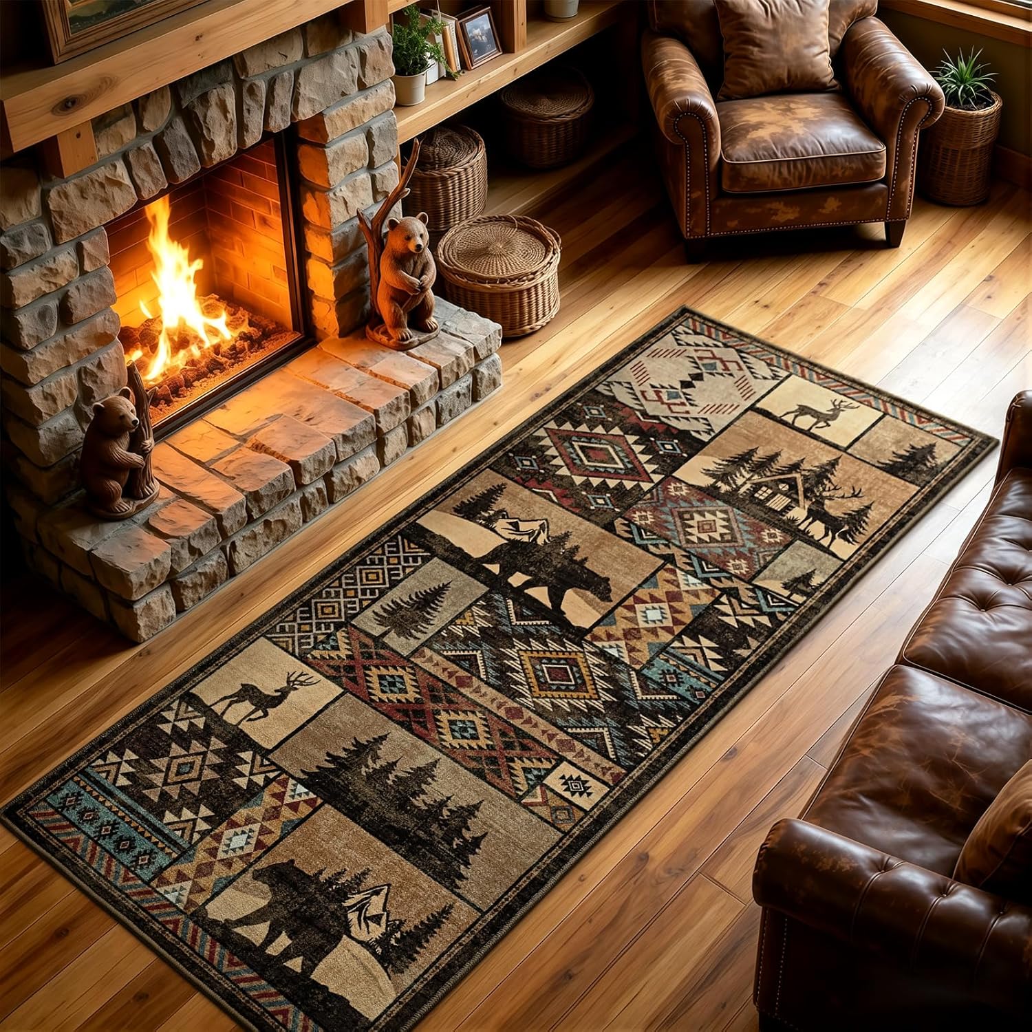 HOMORE Runner Rug 2x5 Washable Western Rugs for Hallway Entryway,Rustic Cabin Runner Rug Non Slip,Southwestern Lodge Rugs for Bedroom Kitchen Laundry,Brown