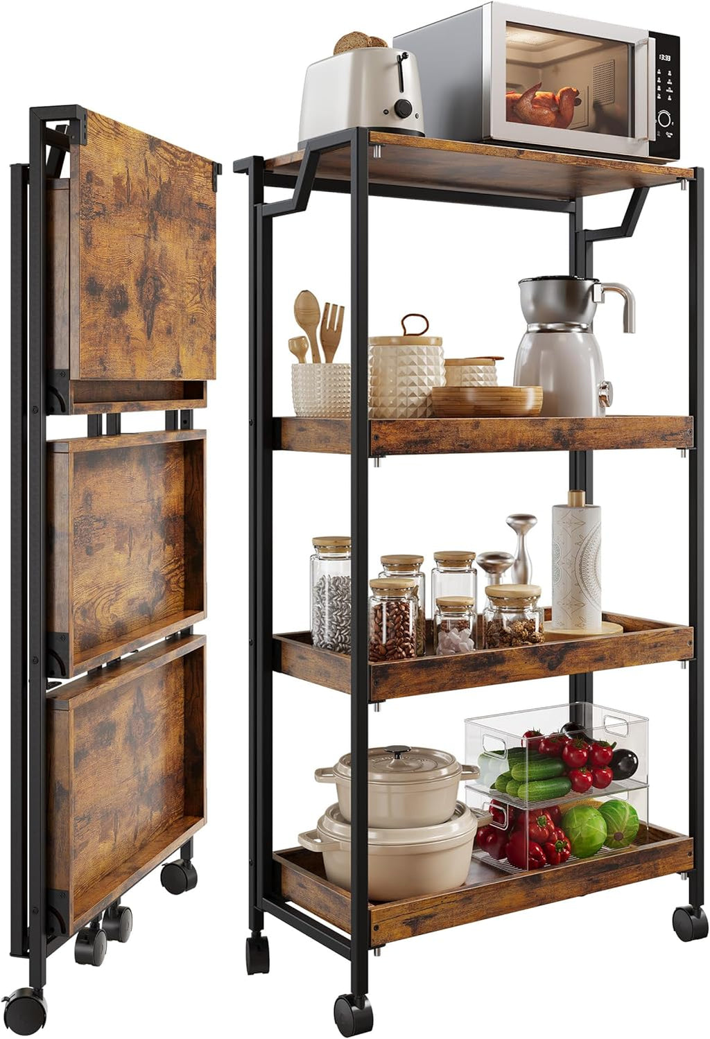 Garvee Large 4-Tier Wooden Folding Storage Shelf Cart with Locking Wheel, Expandable Kitchen Organizer Rack, 100 Lbs Loading Heavy Duty Garage Shelving, Easy Foldable No Assembly Required