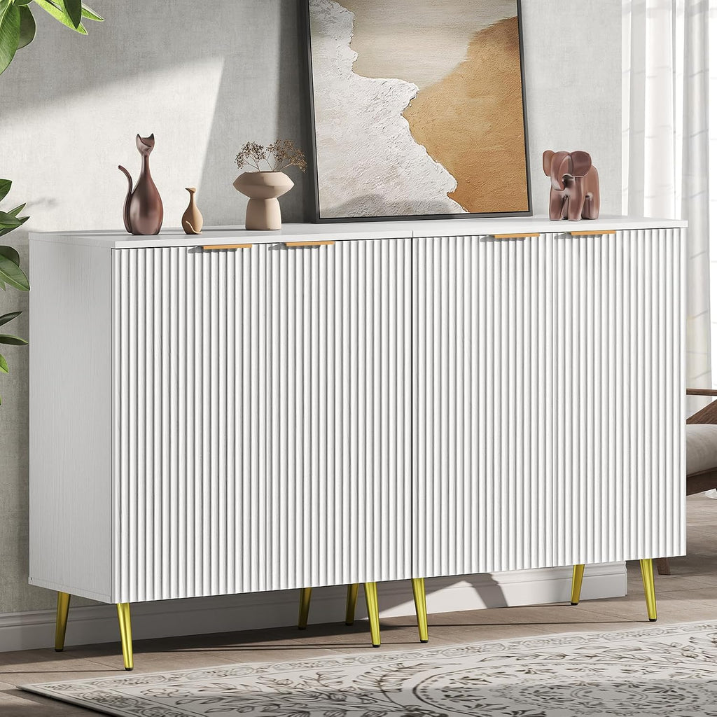 LubanNese Fluted Cabinet with Storage, Wooden Unique Sideboard Buffet Cabinet, 2 Doors Modern Furniture for Kitchen, Entryway, Living Room (Ivory, 2 PCS)