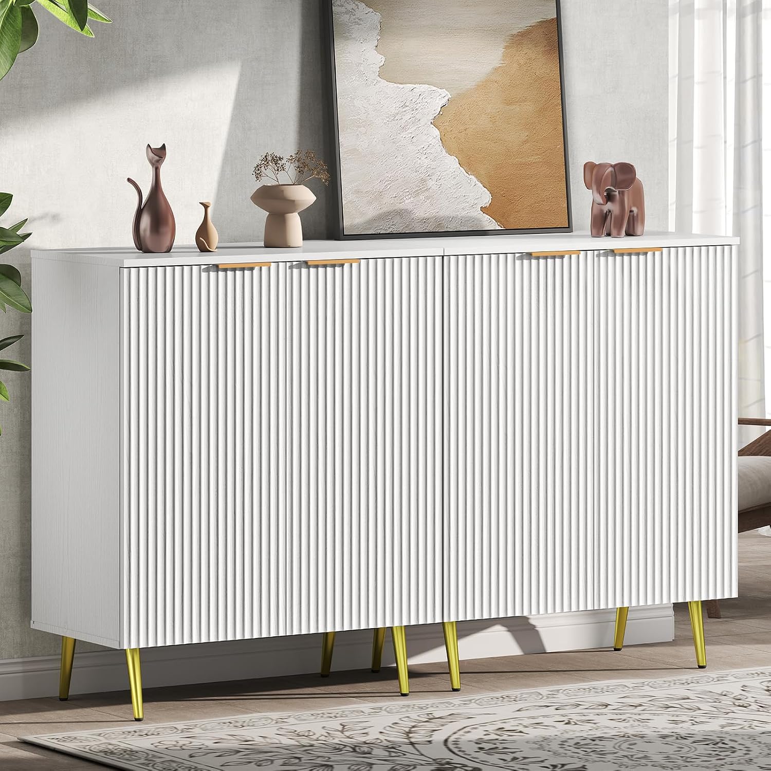 LubanNese Fluted Cabinet with Storage, Wooden Unique Sideboard Buffet Cabinet, 2 Doors Modern Furniture for Kitchen, Entryway, Living Room (Ivory, 2 PCS)