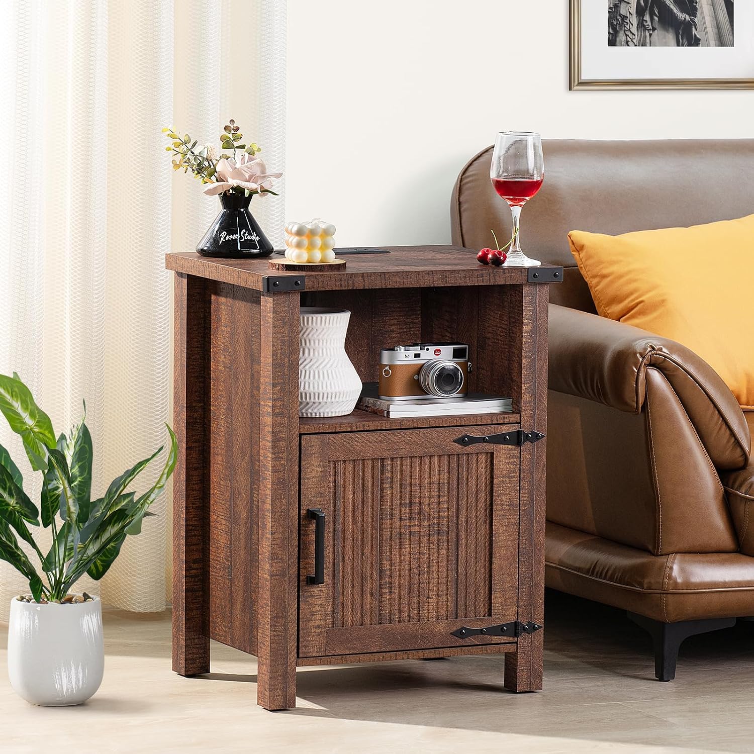 Joaxswe 18-Inch Nightstand with Charging Station and Fluted Door,Brown | 18-inch bedside table with AC and USB charging, open storage and a magnetic fluted door for bedroom essentials