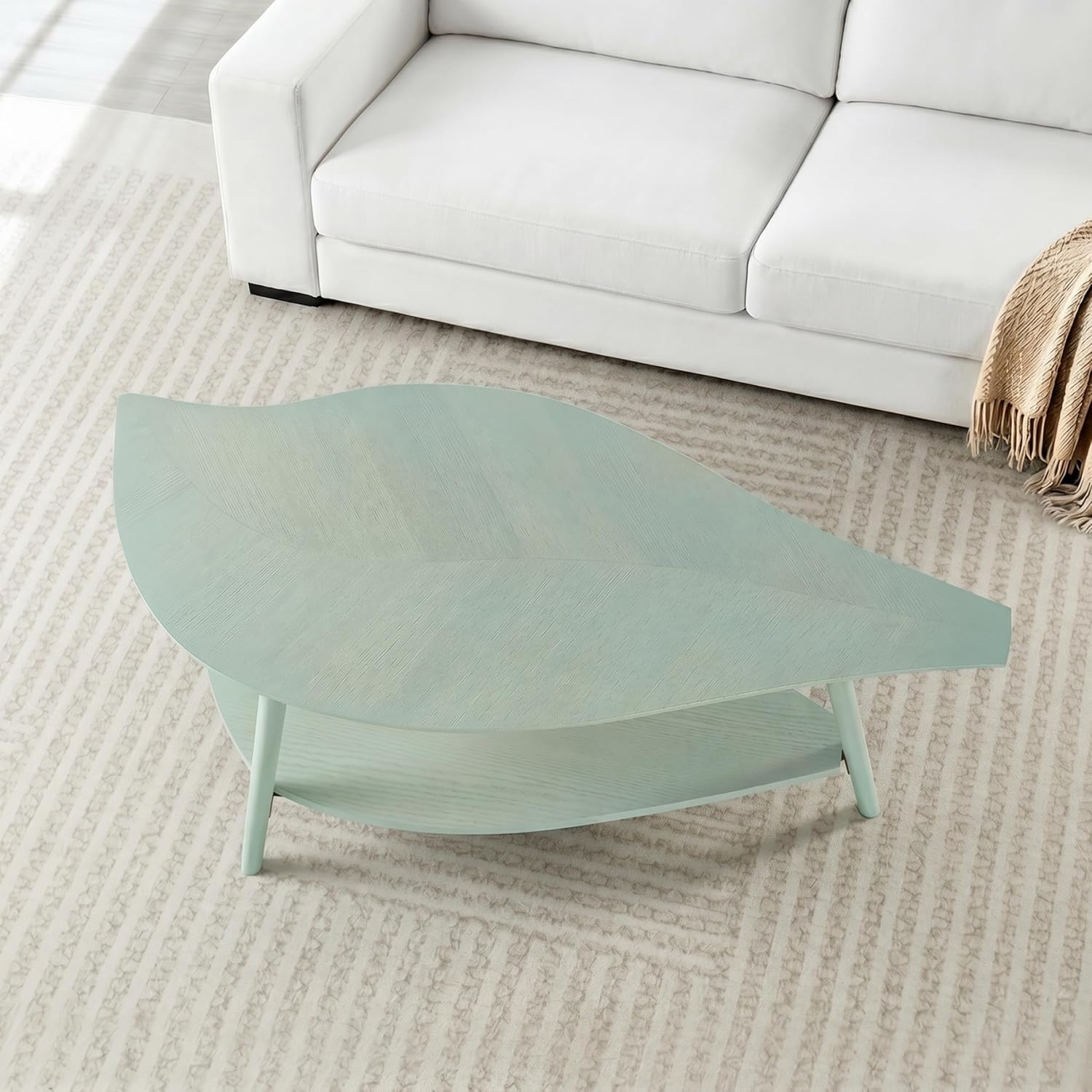 Small Coffee Table with Storage,Unique Leaf Handcrafted Marquetry,Mid Century Modern Oval Wooden Coffee Table,Natural Oak Veneer,Solid Wood Legs,for Living Room,Apartment(Sage Green)