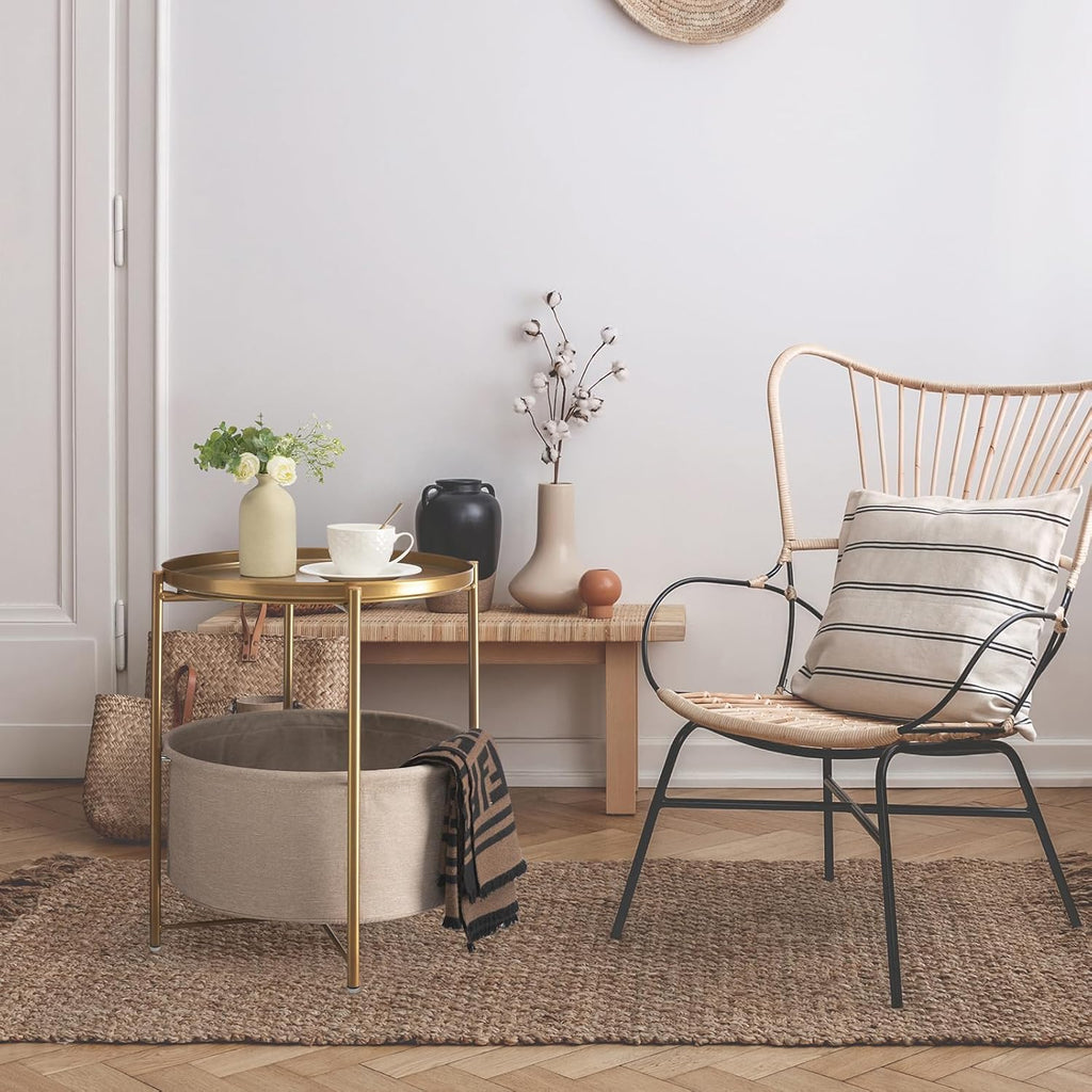 danpinera Gold Side Table with Fabric Storage Basket, Metal Round Side Small Bedside Table Nightstand with Removable Tray for Living Room, Bedroom, Outdoor Table for Patio, Nursery, Bathroom, Gold